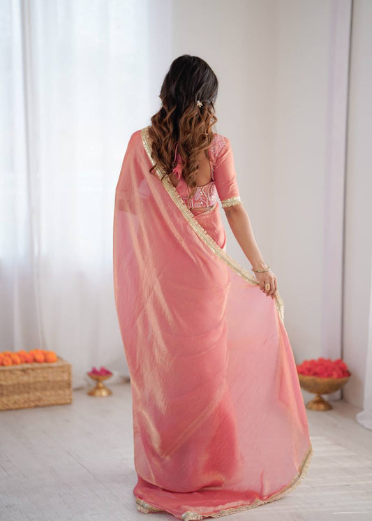 Ready to Wear Pink Fendi Silk Saree with Sequin Embroidered Blouse for Party Wear