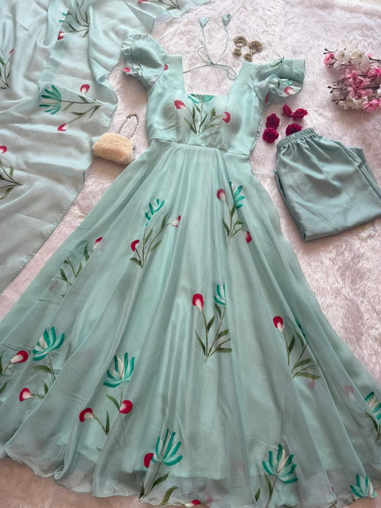 Ivory Handpainted Georgette Anarkali Gown with Buttersilk Pants Scalloped Lace Dupatta Set