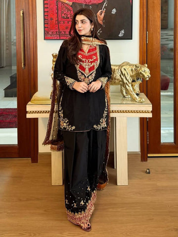 Teal Blue Maska Cotton Palazzo Suit with Sequin Embroidery Soft Net Dupatta Set