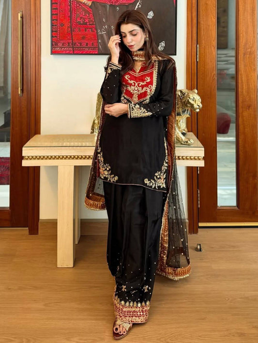 Teal Blue Maska Cotton Palazzo Suit with Sequin Embroidery Soft Net Dupatta Set