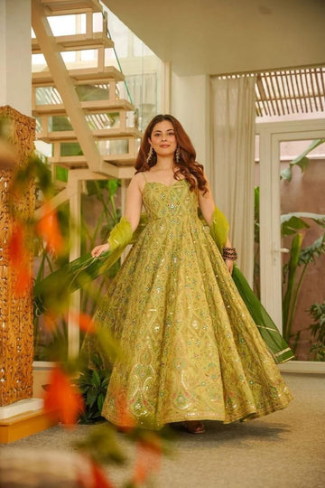 Lilac Floral Jimmy Organza Anarkali Gown with Sequin Designer Lace Border Dupatta Set