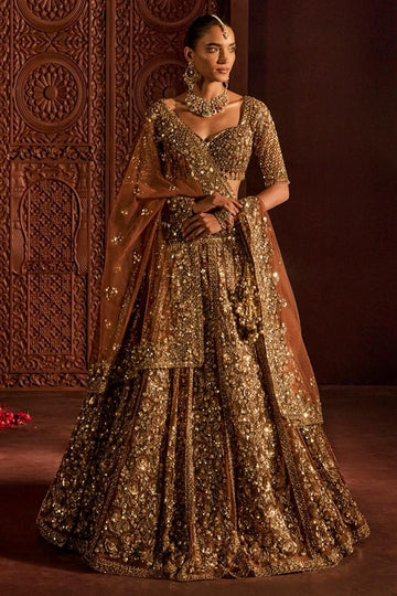 Antique Gold Net Lehenga Choli with Glass Sequin Dori Embroidery Heavy Cancan Set