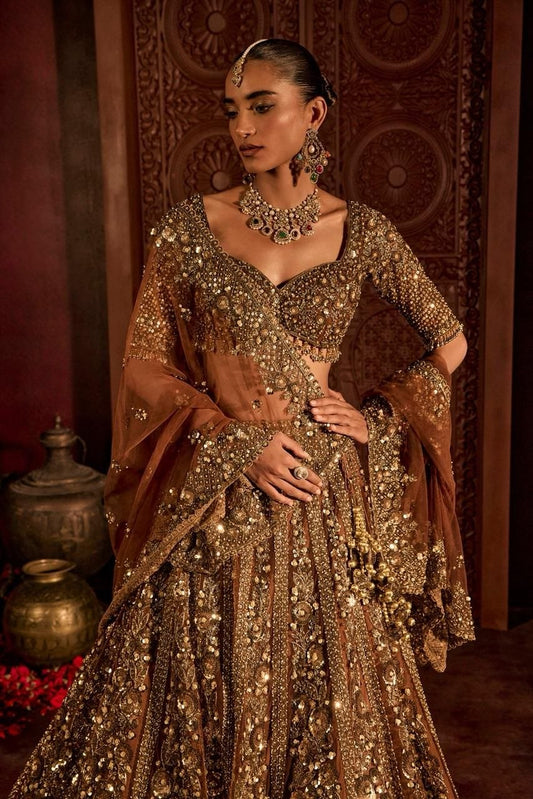 Antique Gold Net Lehenga Choli with Glass Sequin Dori Embroidery Heavy Cancan Set