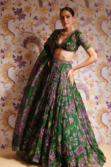 Emerald Green Teby Silk Floral Lehenga Choli with Real Mirror Sequin Embroidery Set
