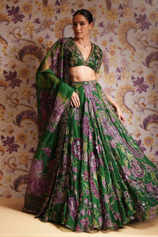 Emerald Green Teby Silk Floral Lehenga Choli with Real Mirror Sequin Embroidery Set