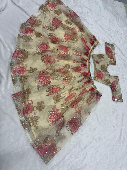 Ivory Net Lehenga Choli with Floral Real Mirror Sequin Embroidery Kamar Belt Set