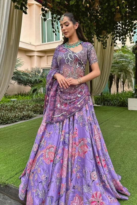Lavender Teby Silk Floral Lehenga Choli with Real Mirror Sequin Embroidery Dupatta Set