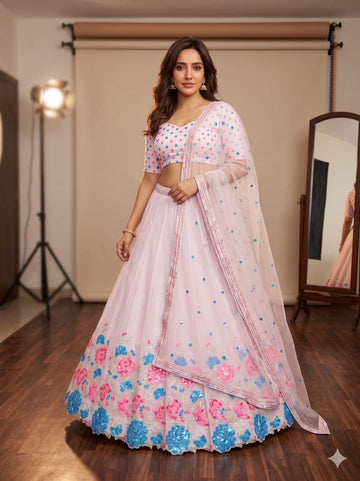 Baby Pink Georgette Lehenga Choli with Dual Tone Sequin Multi Thread Floral Dupatta