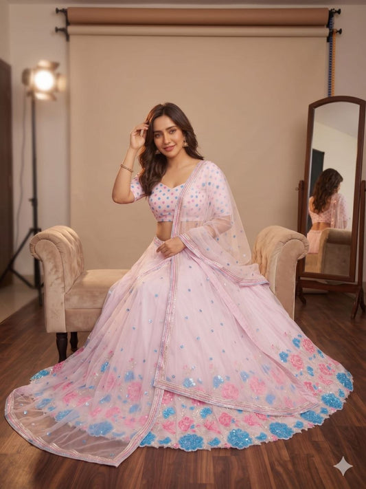 Baby Pink Georgette Lehenga Choli with Dual Tone Sequin Multi Thread Floral Dupatta
