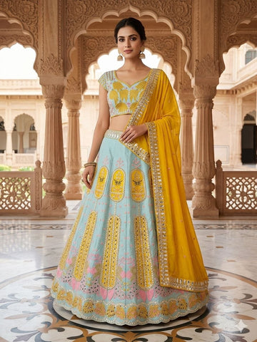 Powder Blue Slub Silk Lehenga Choli Yellow Rangoli Silk Foil Mirror Dupatta Set