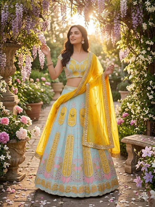 Powder Blue Slub Silk Lehenga Choli Yellow Rangoli Silk Foil Mirror Dupatta Set