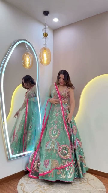 Sea Green Slub Silk Lehenga Choli with Elephant Zari Embroidery Cowrie Shell Set