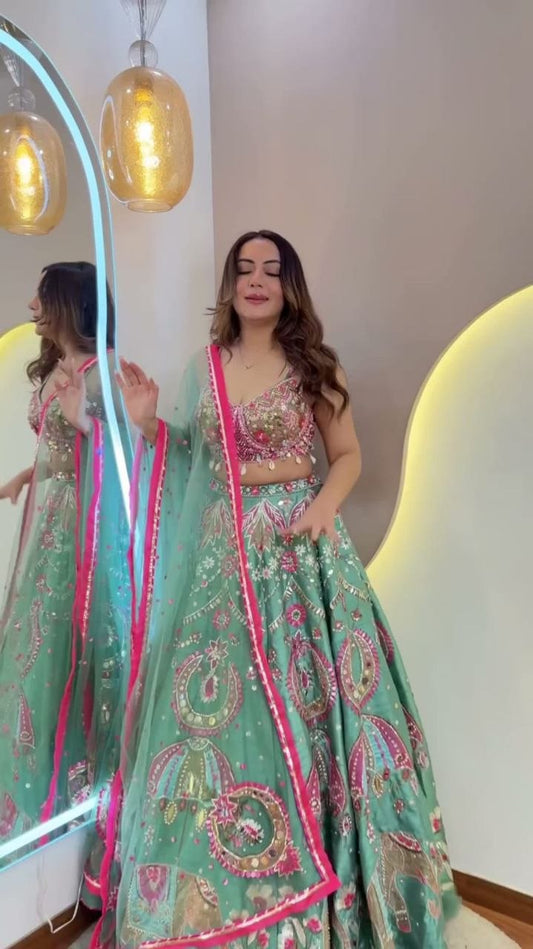 Sea Green Slub Silk Lehenga Choli with Elephant Zari Embroidery Cowrie Shell Set