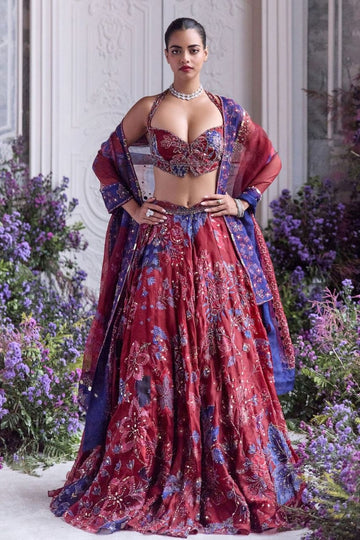 Wine Maroon Teby Silk Floral Lehenga Choli with Real Mirror Sequin Embroidery Set