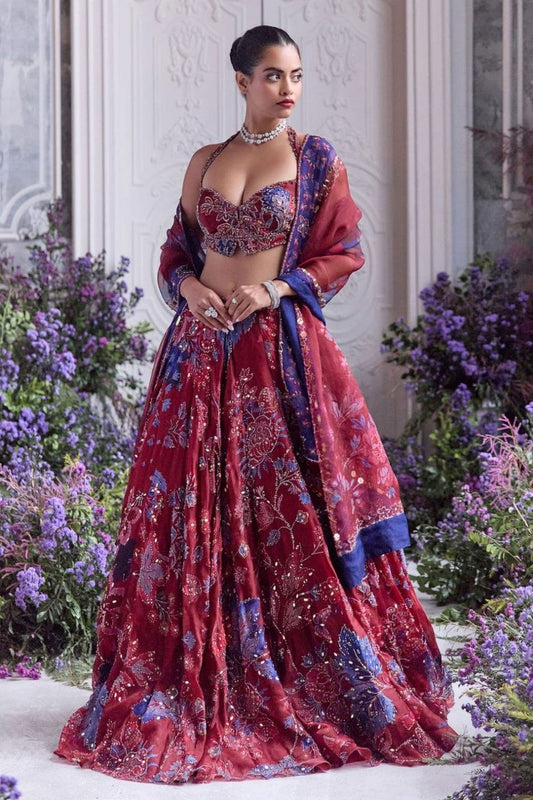 Wine Maroon Teby Silk Floral Lehenga Choli with Real Mirror Sequin Embroidery Set