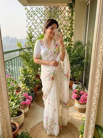 Ivory Floral Teby Silk Saree with Cutdana Pearl Khatli Handwork Border Blouse Set