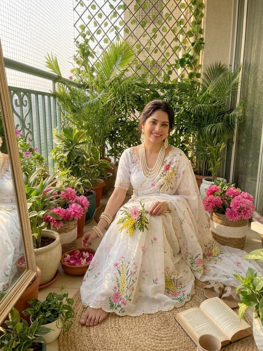 Ivory Floral Teby Silk Saree with Cutdana Pearl Khatli Handwork Border Blouse Set
