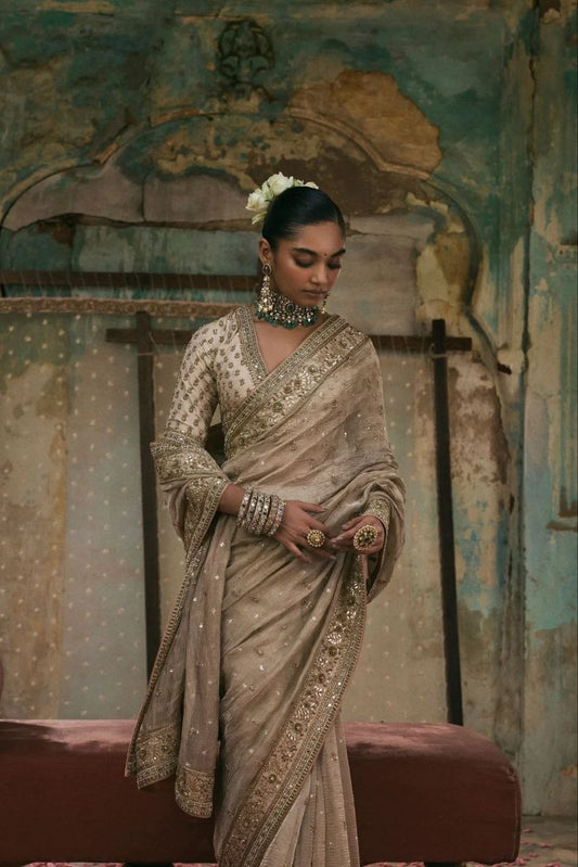 Champagne Ivory Gold Crush Saree with Sequin Coding Embroidered Diamond Silk Blouse Piece