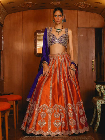 Rust Silk Lehenga Choli with Purple Karishma Silk Sequin Zari Embroidery Dupatta Set