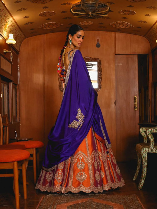 Rust Silk Lehenga Choli with Purple Karishma Silk Sequin Zari Embroidery Dupatta Set