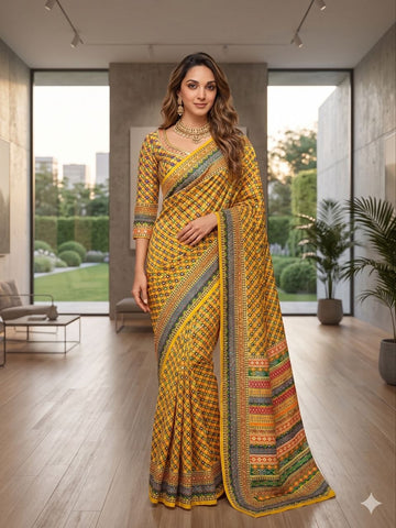 Multicolor Gujarati Folk Chinon Silk Saree with Handwork Real Mirror All Over Blouse