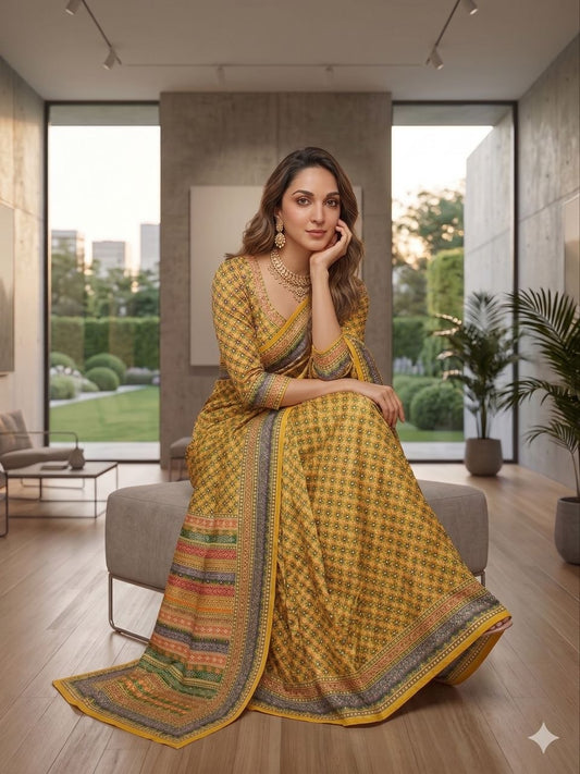 Multicolor Gujarati Folk Chinon Silk Saree with Handwork Real Mirror All Over Blouse