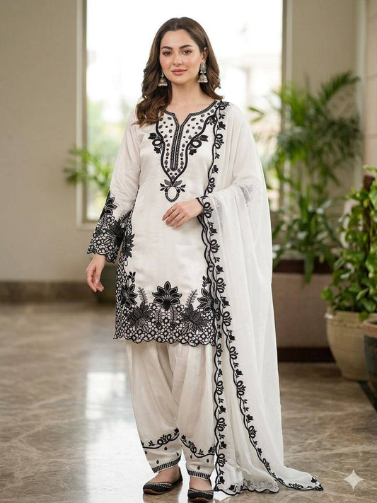 Off White Glass Roman Farshi Salwar Suit Black Schiffli Cutwork Organza Dupatta Set