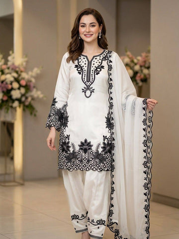 Off White Glass Roman Farshi Salwar Suit Black Schiffli Cutwork Organza Dupatta Set