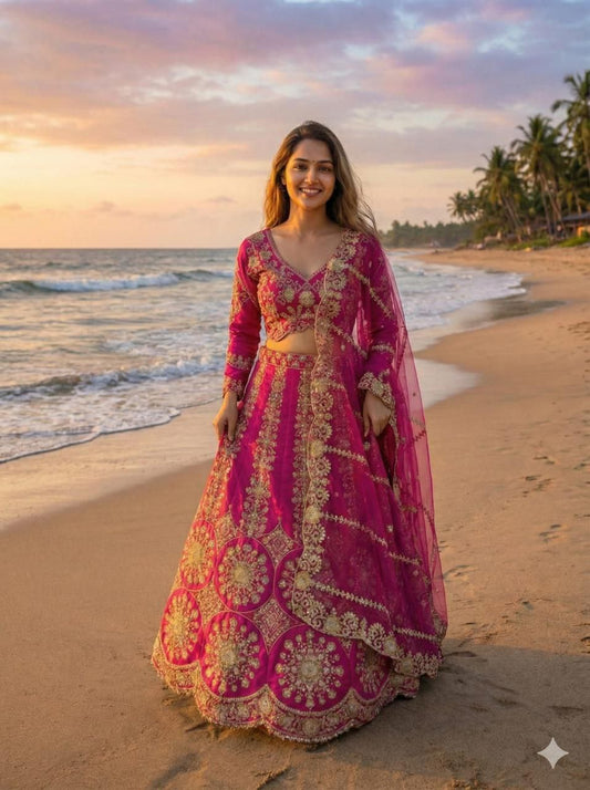 Rani Pink Two Tone Silk Lehenga Choli with Sequin Zari Embroidery Net Dupatta