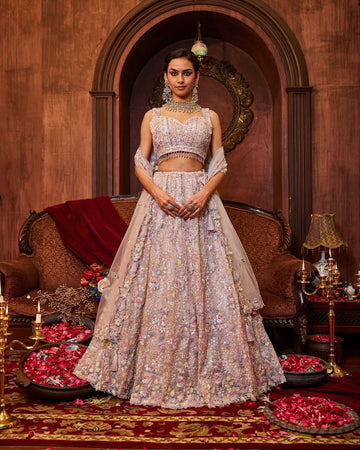Blush Pink Net Lehenga Choli with Sequin Zari Embroidery Heavy Cancan Dupatta Set