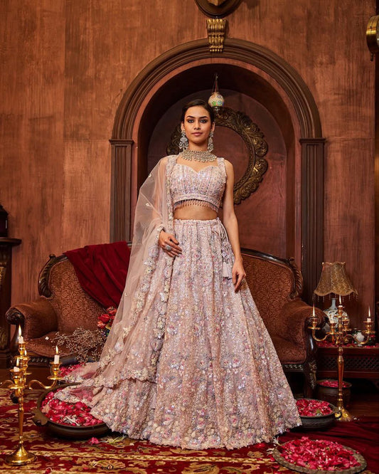 Blush Pink Net Lehenga Choli with Sequin Zari Embroidery Heavy Cancan Dupatta Set