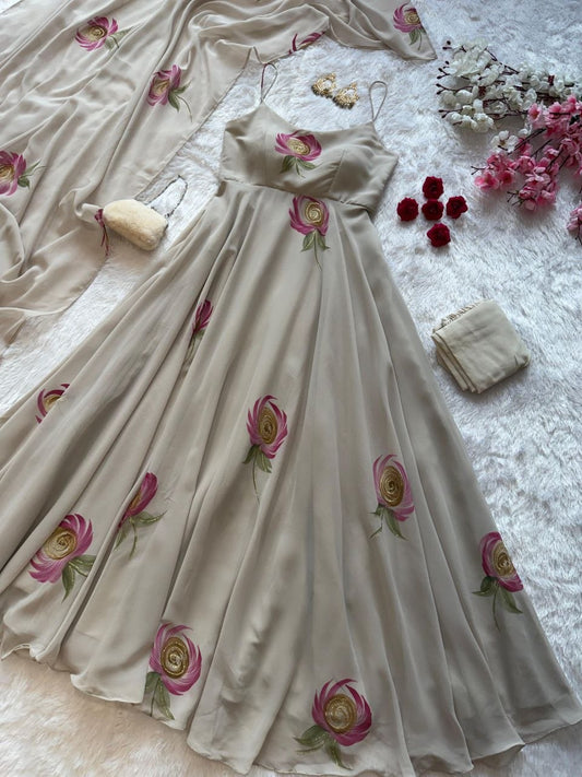Handpainted Pastel Pink Faux Georgette Anarkali Suit with Huge Flair and Buttersilk Pant Set