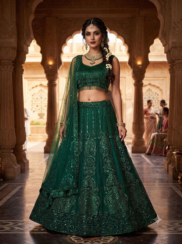 Emerald Green Net Lehenga Choli with Sequin Zari Embroidery Fringe Jhalar Lace Dupatta