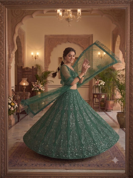 Emerald Green Net Lehenga Choli with Sequin Zari Embroidery Fringe Jhalar Lace Dupatta