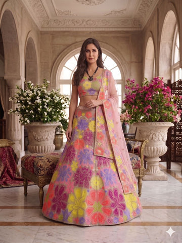 Multi Color Floral Georgette Lehenga Choli with Sequin Thread Embroidery Net Dupatta Set