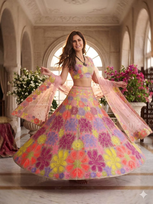 Multi Color Floral Georgette Lehenga Choli with Sequin Thread Embroidery Net Dupatta Set