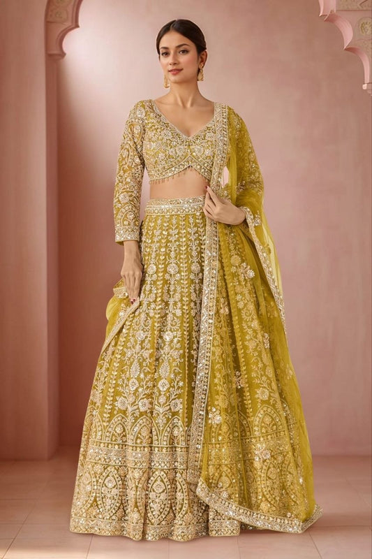 Mustard Gold Net Lehenga Choli with Sequin Dori Embroidery Heavy Cancan Dupatta Set