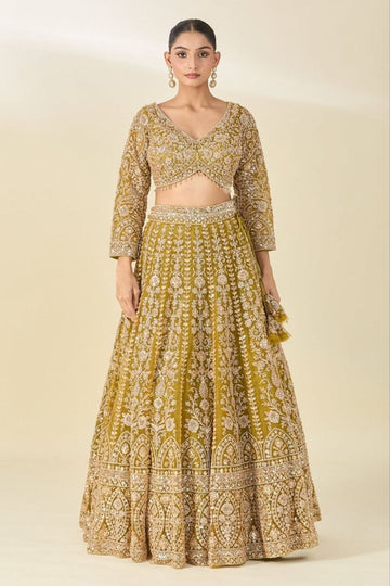 Mustard Gold Net Lehenga Choli with Sequin Dori Embroidery Heavy Cancan Dupatta Set