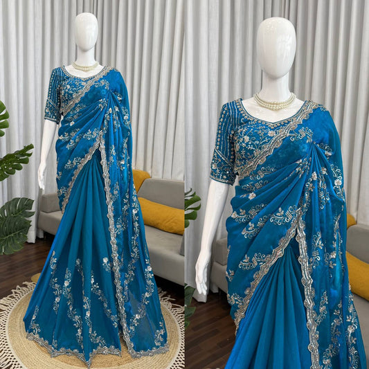 Feroz Blue Fendy Silk Sequin Saree with Both Sides Heavy Beadwork Blouse Piece