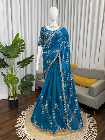 Feroz Blue Fendy Silk Sequin Saree with Both Sides Heavy Beadwork Blouse Piece