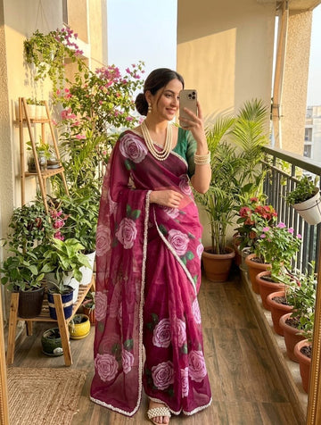 Magenta Floral Tabby Silk Saree with Cutdana Khatli Handwork Border Green Blouse Piece