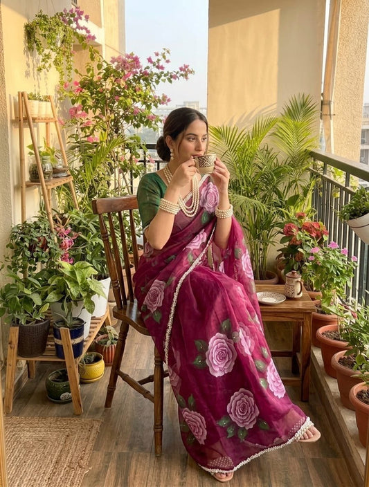 Magenta Floral Tabby Silk Saree with Cutdana Khatli Handwork Border Green Blouse Piece
