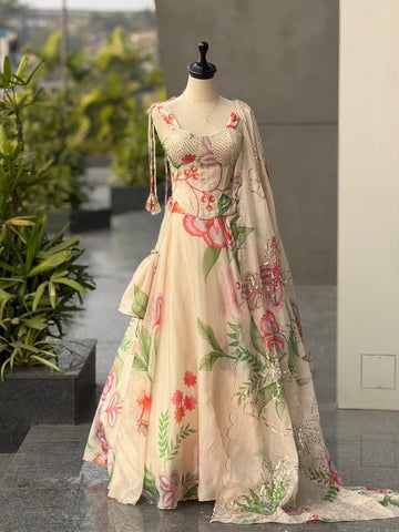 Floral Digital Printed Jimmy Organza Lehenga Choli with Corset Blouse and Designer Batwa Bag