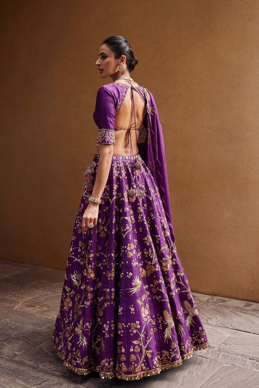 Royal Purple Thai Silk Lehenga Choli with Sequin Bird Embroidery for Indian Wedding Guest