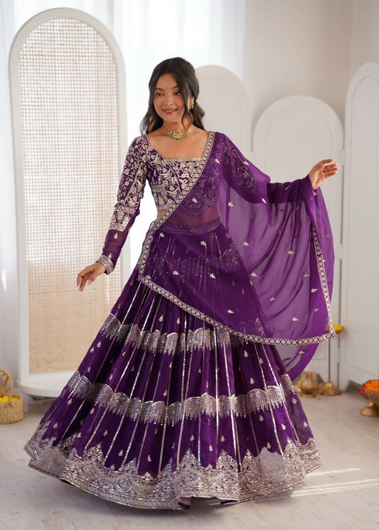 Peacock Blue Faux Georgette Lehenga Choli with Thread Embroidery for Indian Wedding Guest Wear