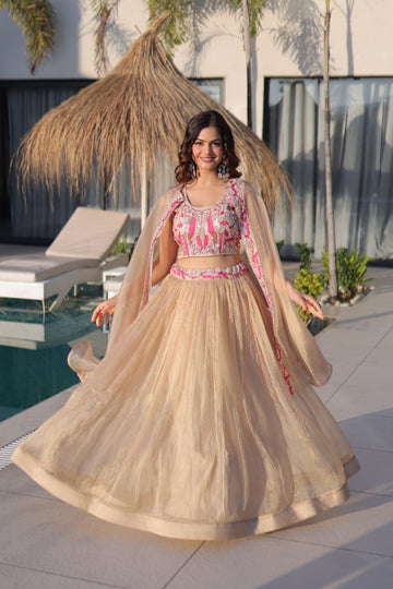 Beige Gold Sindur Silk Shrug Lehenga Choli with Beads Embroidered Border Skirt Set