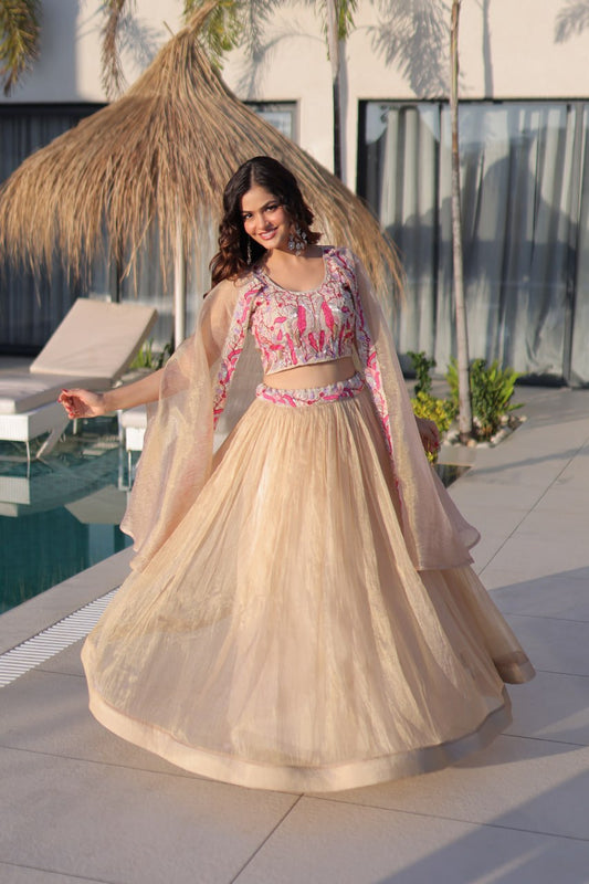 Beige Gold Sindur Silk Shrug Lehenga Choli with Beads Embroidered Border Skirt Set