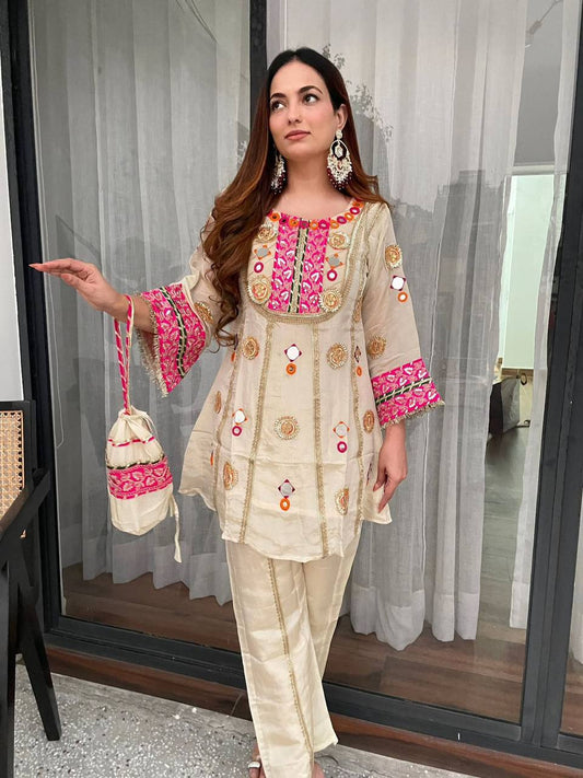 Ivory Cosmo Moss Palazzo Suit with Real Mirror Sequence Embroidery Peplum Kurti Set