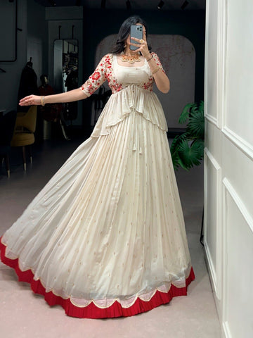 Ivory Silk Lehenga Choli with Embroidered Peplum Koti Jacket Red Border Skirt Set