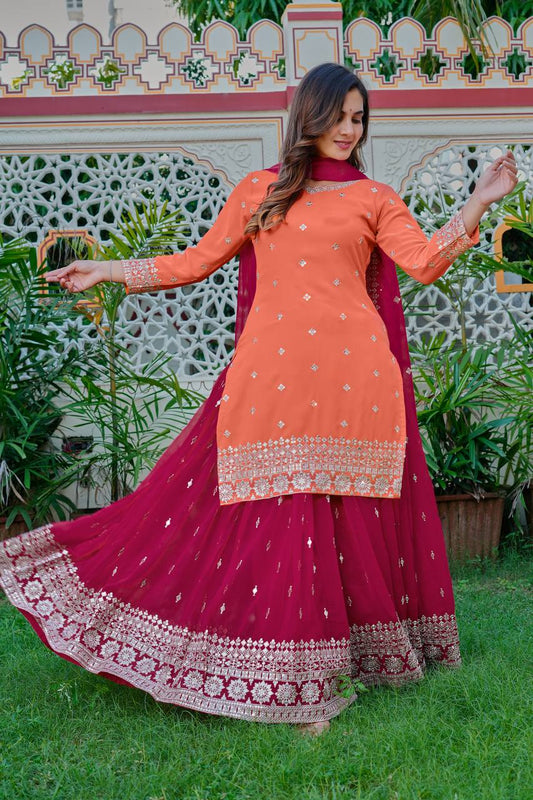 Peach Maroon Georgette Sharara Suit with 9mm Sequin Thread Embroidery Border Dupatta Set
